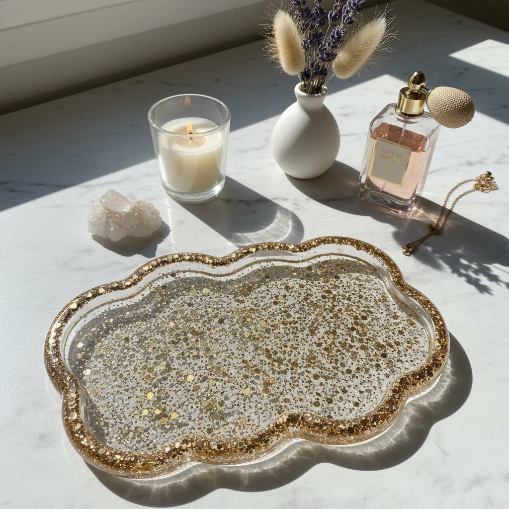 Plateau décoratif en résine – Transparent et Doré